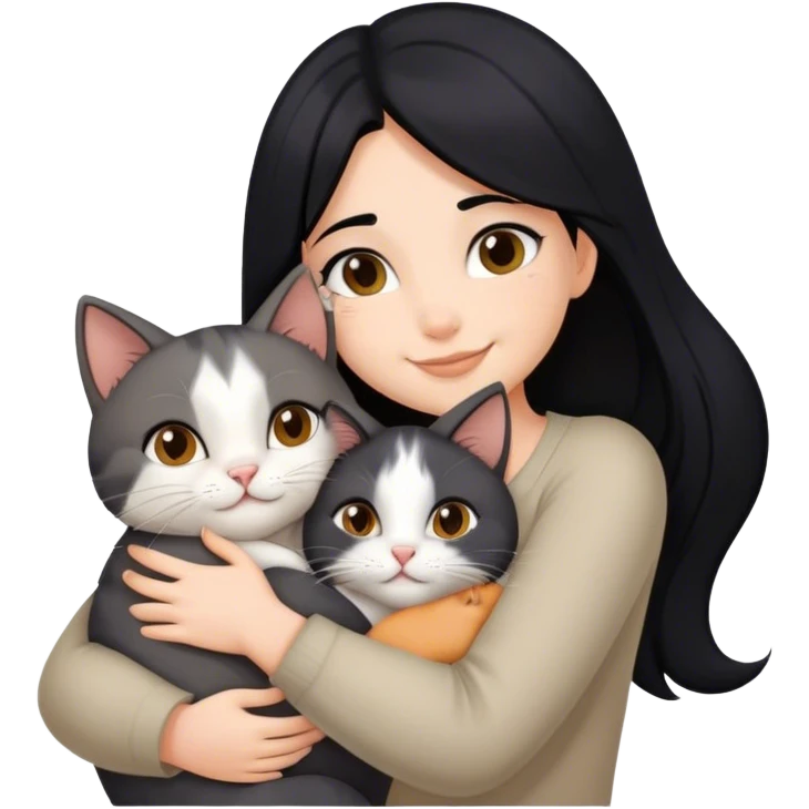 happy girl with black hair hugging three cats  (carey cat, gray cat, brown calico cat) emoji