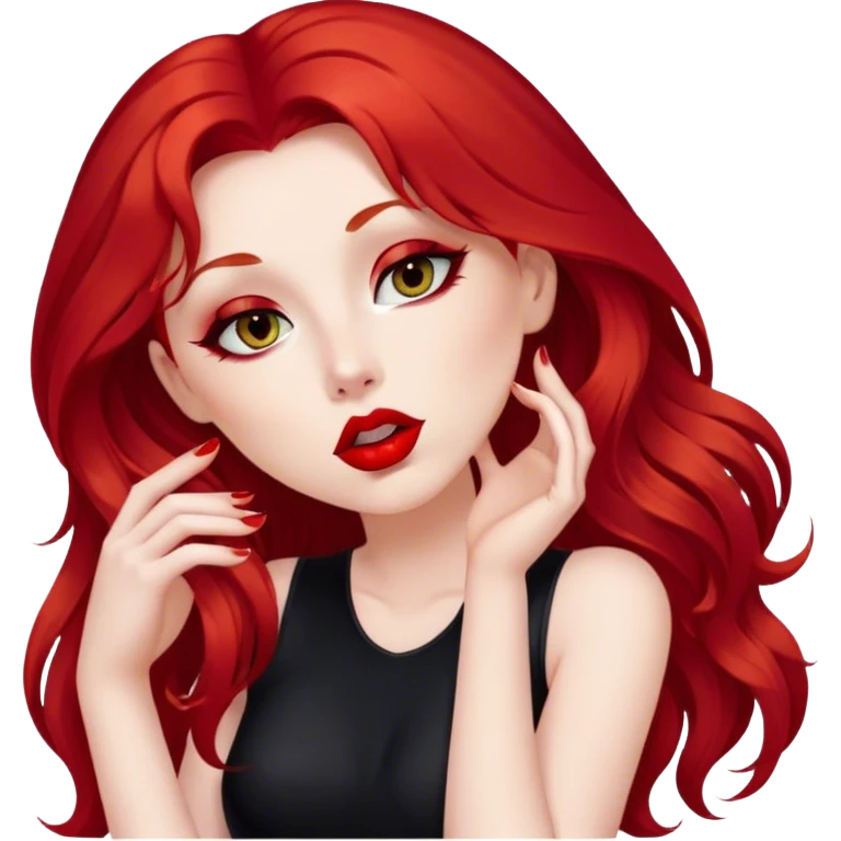 a pretty woman with long red hair and red eyes. The woman wear a black little cutted dress. She have red lipstick and she have a seductive look. She send a kiss emoji