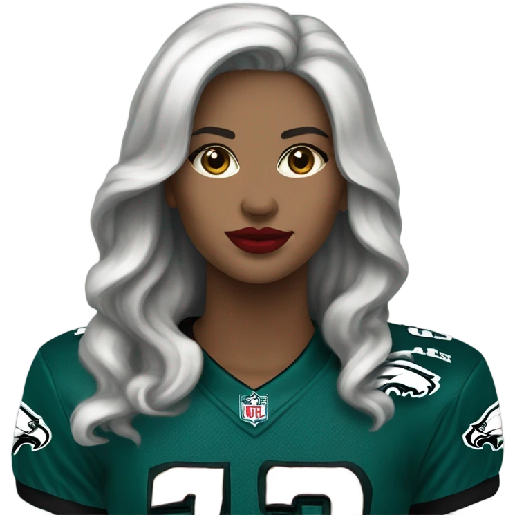 White female long dark hair red lips wearing Philadelphia Eagles jersey emoji