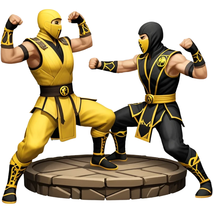 An icon showing two fighters in combat poses, inspired by Mortal Kombat. One character delivers a powerful kick, while the other blocks. The background features an iconic arena from the game with life bars at the top, symbolizing intense battles. Transparent background. emoji