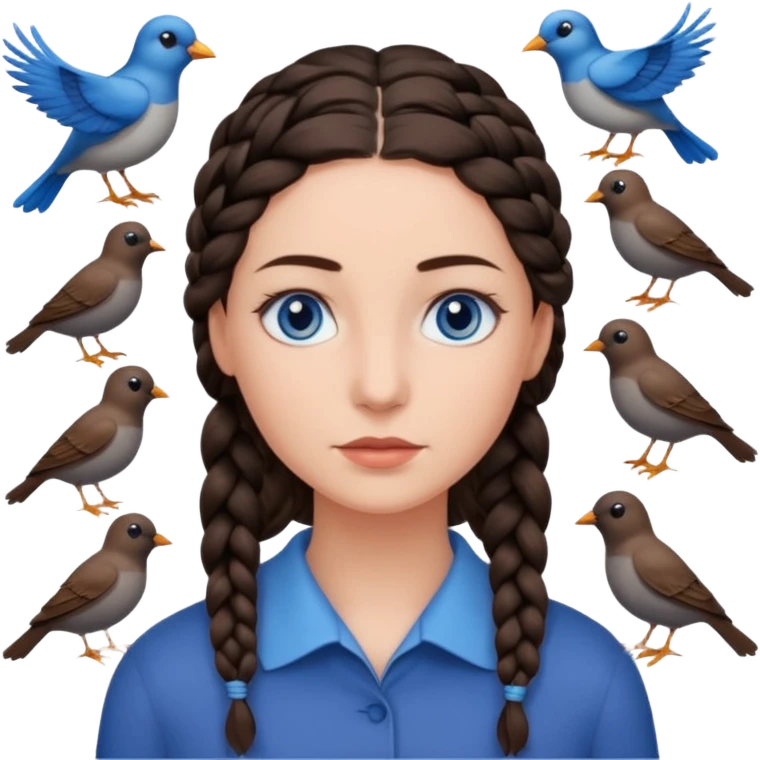женщина с одной темно-коричневой косой серо-голубыми глазами и светлой кожей в окружении птиц emoji