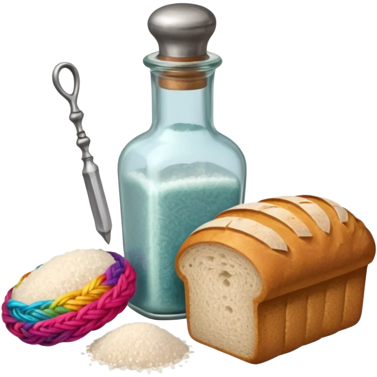 a one victorian bottle of salt and a loaf of bread - crochet needles and a ball of wool emoji
