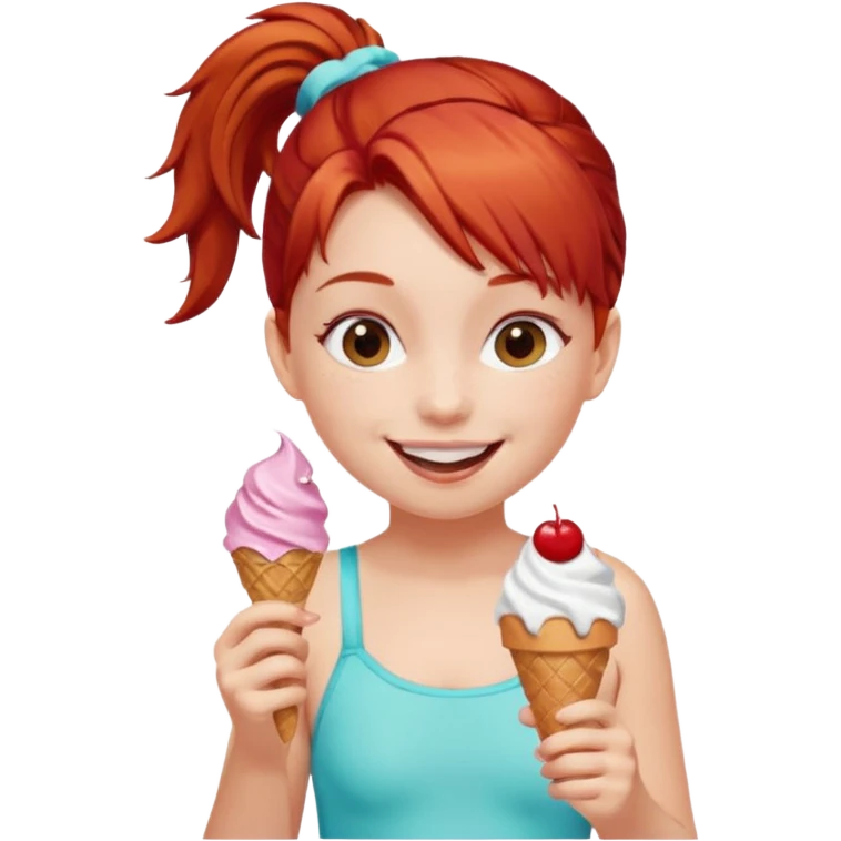 girl kid red haired swimsuit, eating ice cream, ponytail emoji