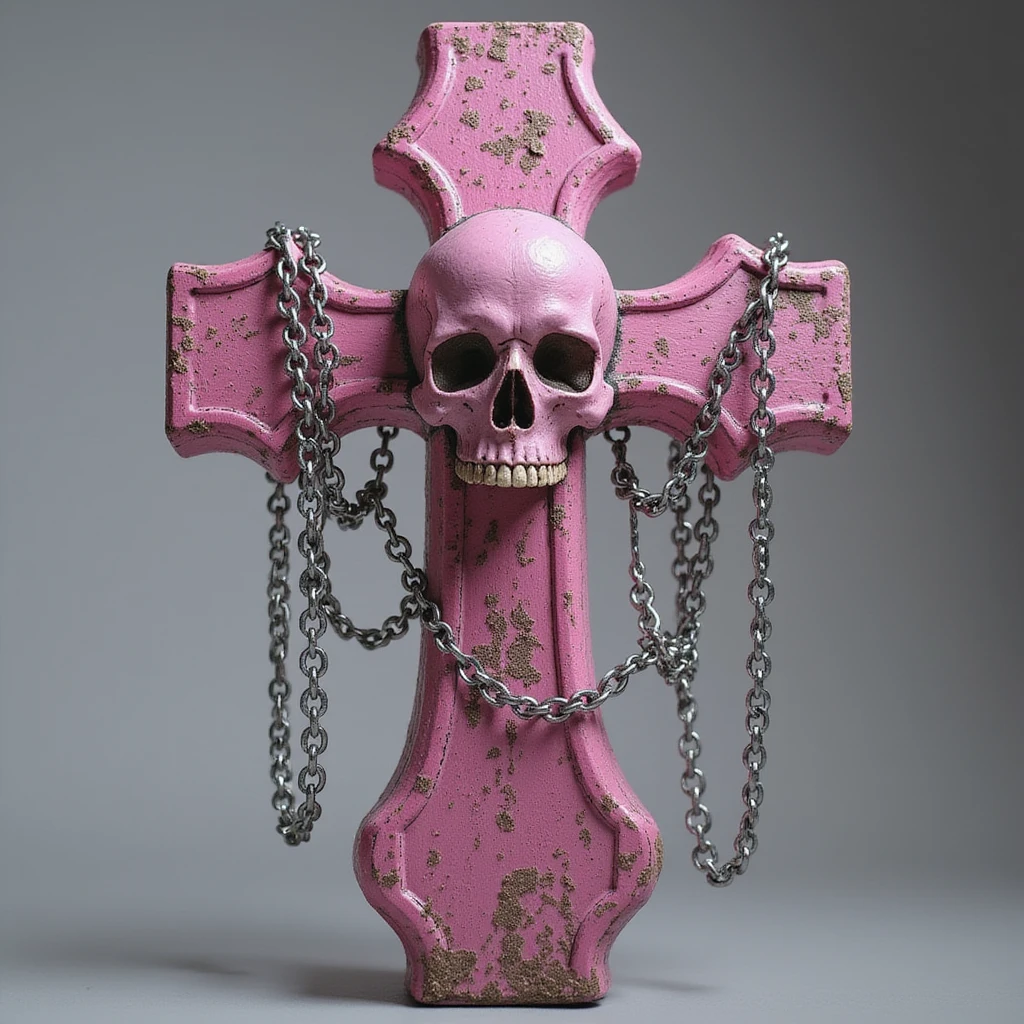 realistic gothic cross, pink with silver chains, photorealistic style emoji
