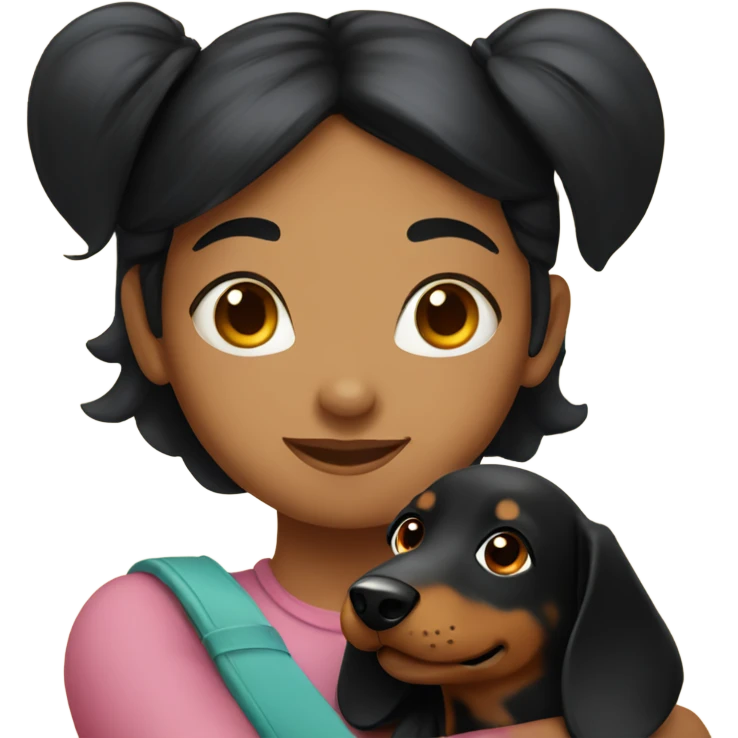 A girl with black hair hugging a daschund emoji