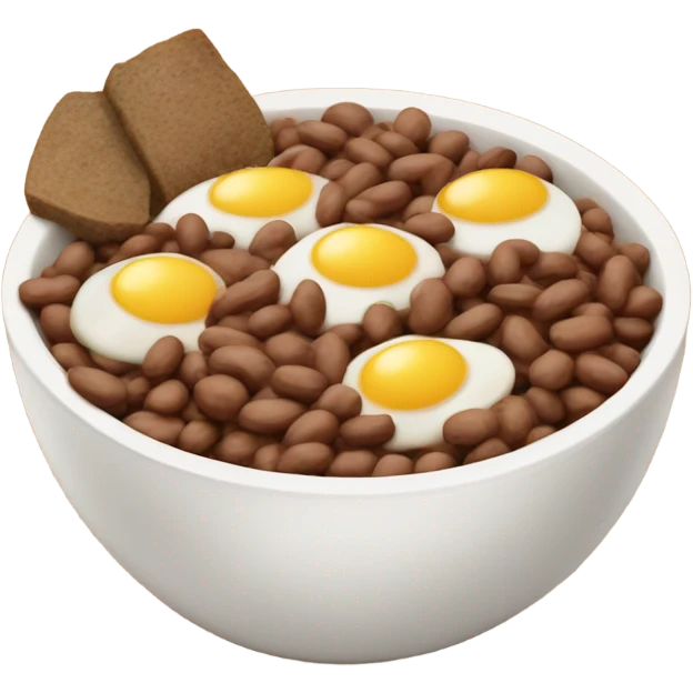 Brown dish in a white bowl with beans, potatoes, brown eggs and some deep cooked meat emoji