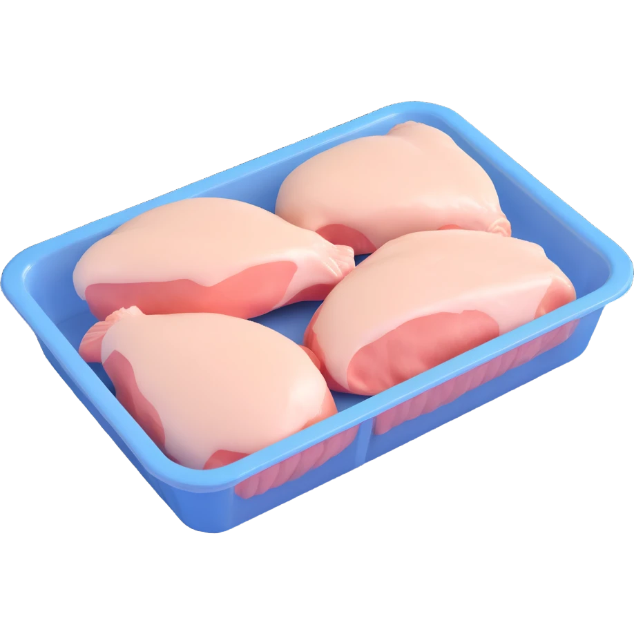 raw chicken breast in a plastic tray with label emoji