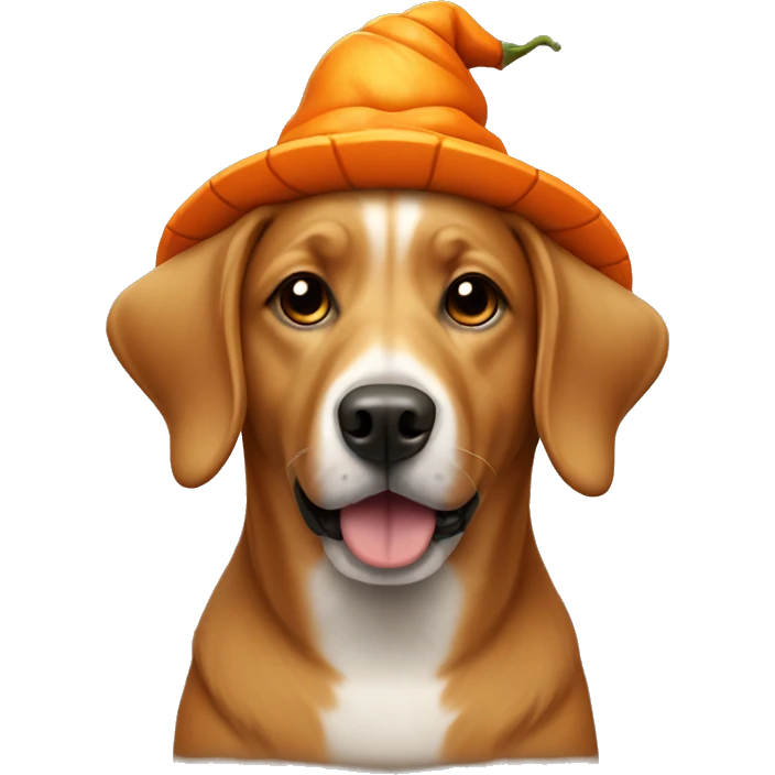 light brown dog  wearing a pumpkin hat emoji