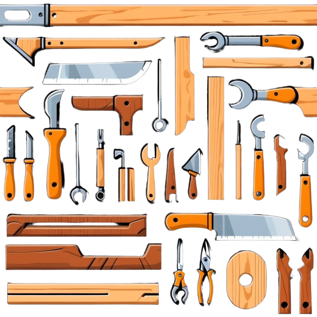 cartoonish woodworking tools and wood planks emoji