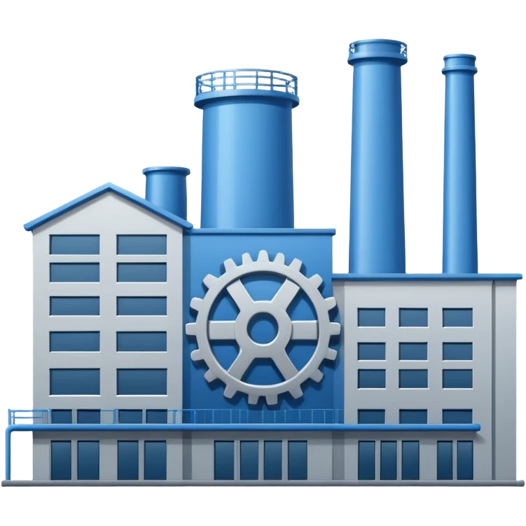 "A minimalist vector icon of a modern manufacturing factory building with a gear symbol above it. Blue and grey color scheme, flat design, white background, simple thick lines, professional business logo style." emoji