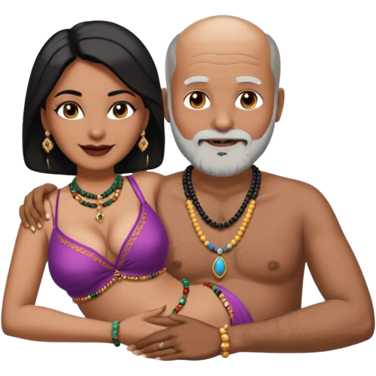 A balding man in his 60s with a grey beard lying on the thighs of a woman in her 40s with dark black hair parted in indian woman style wearing a beads chain  with the cleavage of the woman visible in both must be blissfully smiling emoji