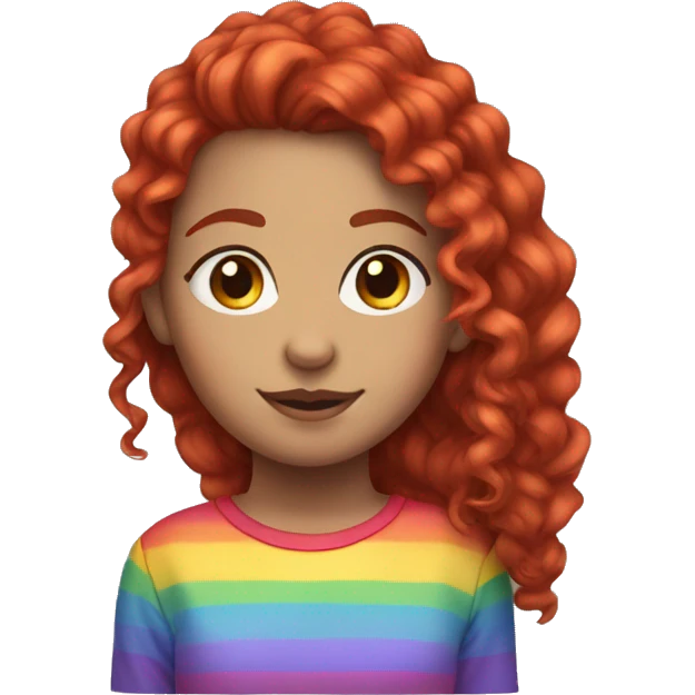 a girl with red curly hair in a pony tail with rainbow shirt emoji