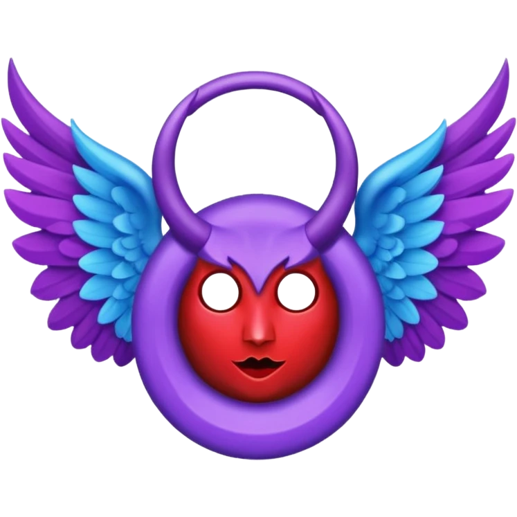 The letter o in black, purple Angel wings, red devil horns, and blue halo on top emoji