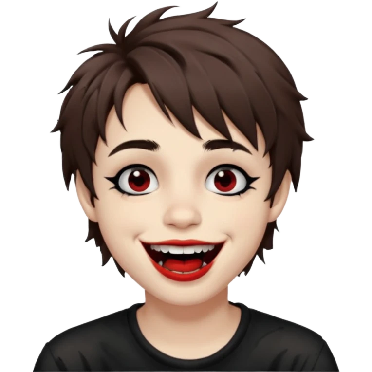 Laughing pale Goth boy with shaggy brown hair, and messy black eyeliner , smudged, red, lipstick  emoji