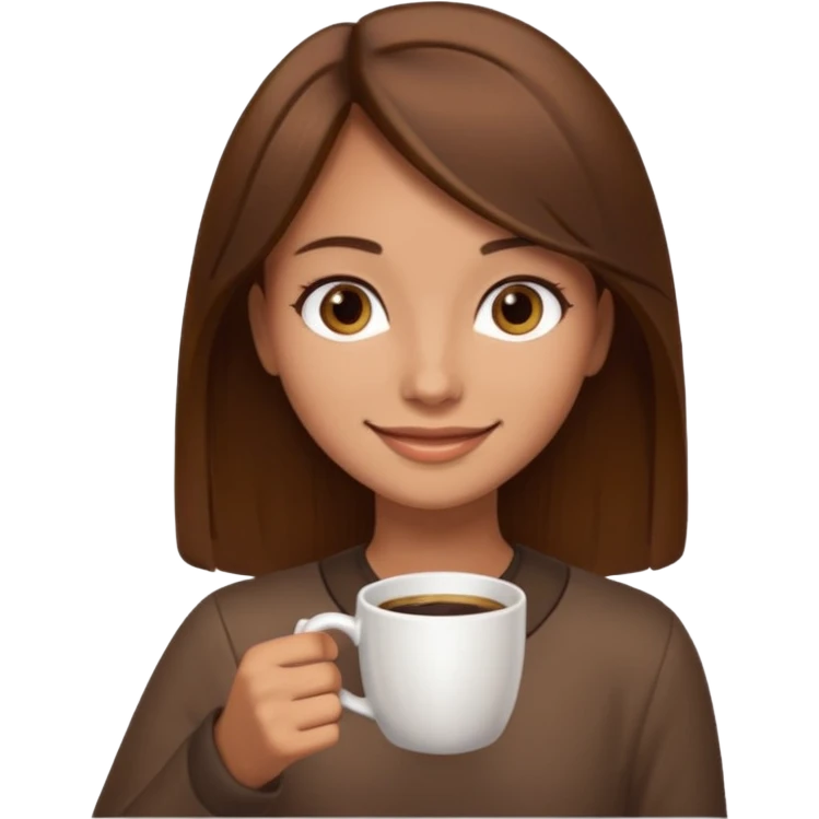 Chica con el pelo café ojos café pelo lacio con una taza de cafe emoji