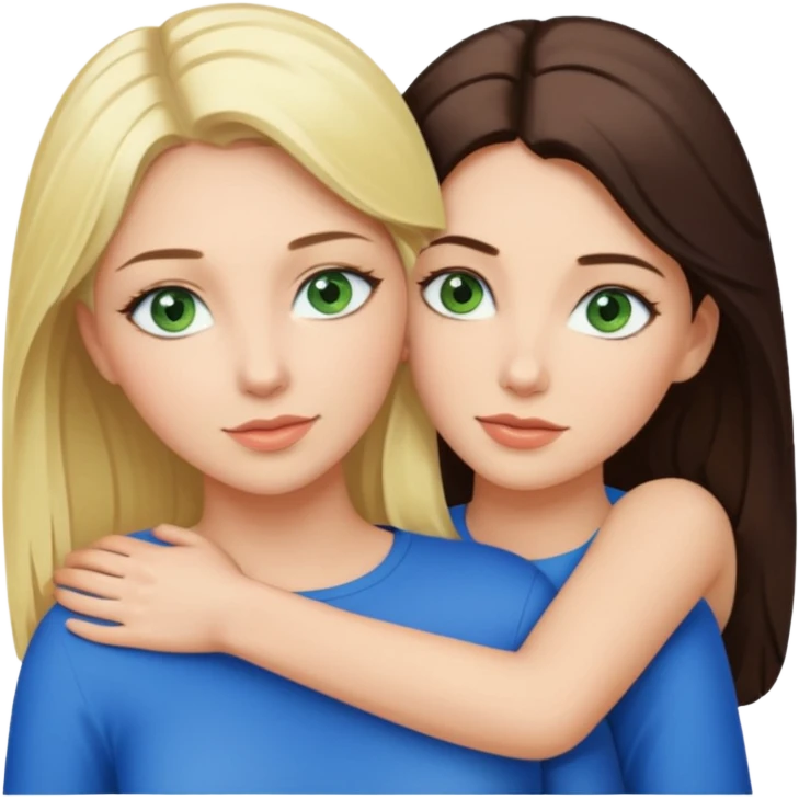 Blondynka z zielonymi oczami przytulająca się do brunetki z niebieskimi oczami emoji