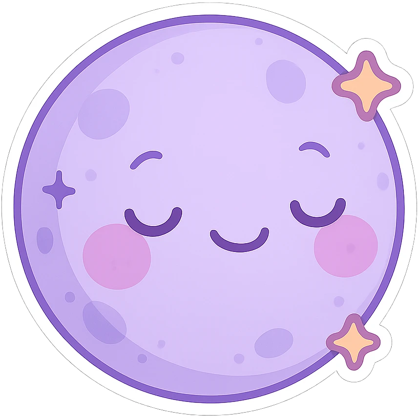 purple chibi sticker, smiling moon, dreamy and sweet, chibi style emoji