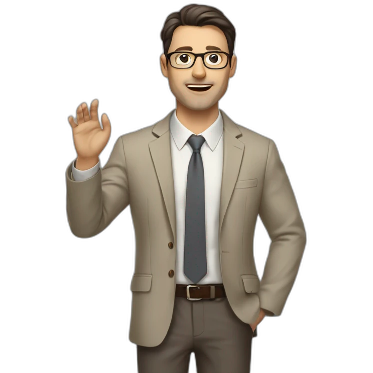 Full height Actively gesturing with hands Pale skinned fit man with dark brown hair in gray jacket, beige office shirt, brown tie, brown pants and vintage glasses. emoji