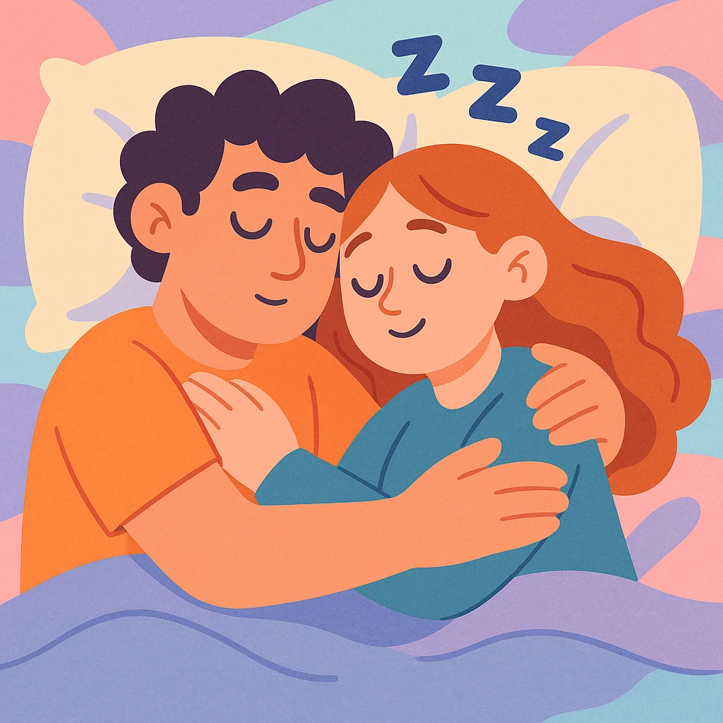 a couple asleep, holding each other, dreamy atmosphere, pastel colors emoji