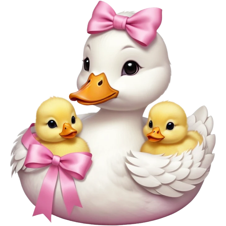 White mama duck with baby chicks with pink ribbons around neck emoji