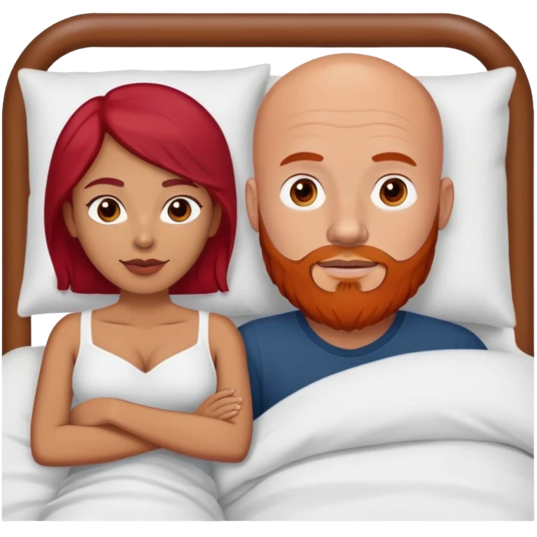 White Bald man with red beard; Hispanic woman with dark brown hair in bed emoji