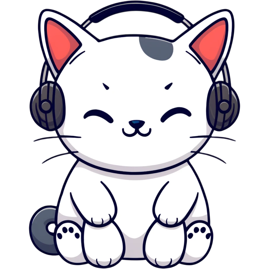 tired sad cat with a gun and headphones, cartoon sticker emoji
