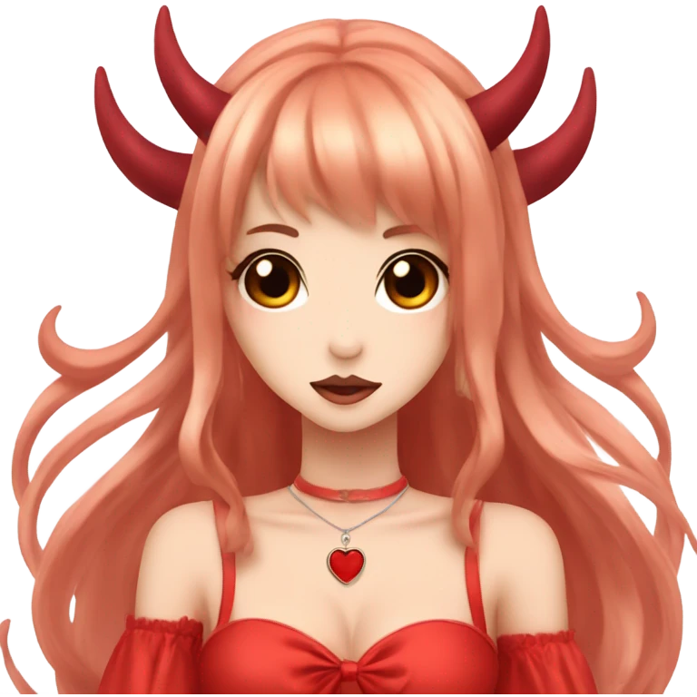 hime gyaru girl, devil horns, red long hair, red dress emoji