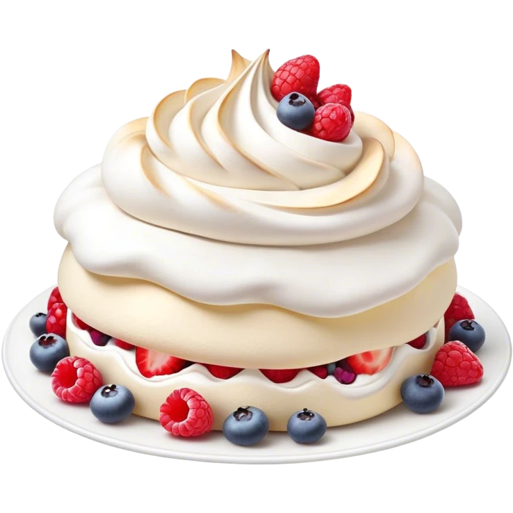 Cinematic Realistic Pavlova Dessert Emoji, showcasing a delicate meringue dessert topped with fresh fruit rendered with lifelike texture and soft natural lighting. emoji