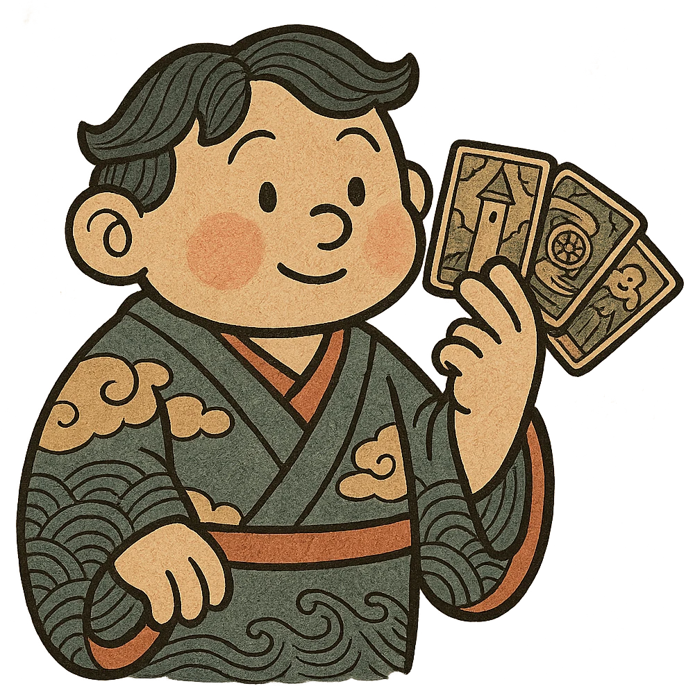 cartoon character with tarot cards emoji