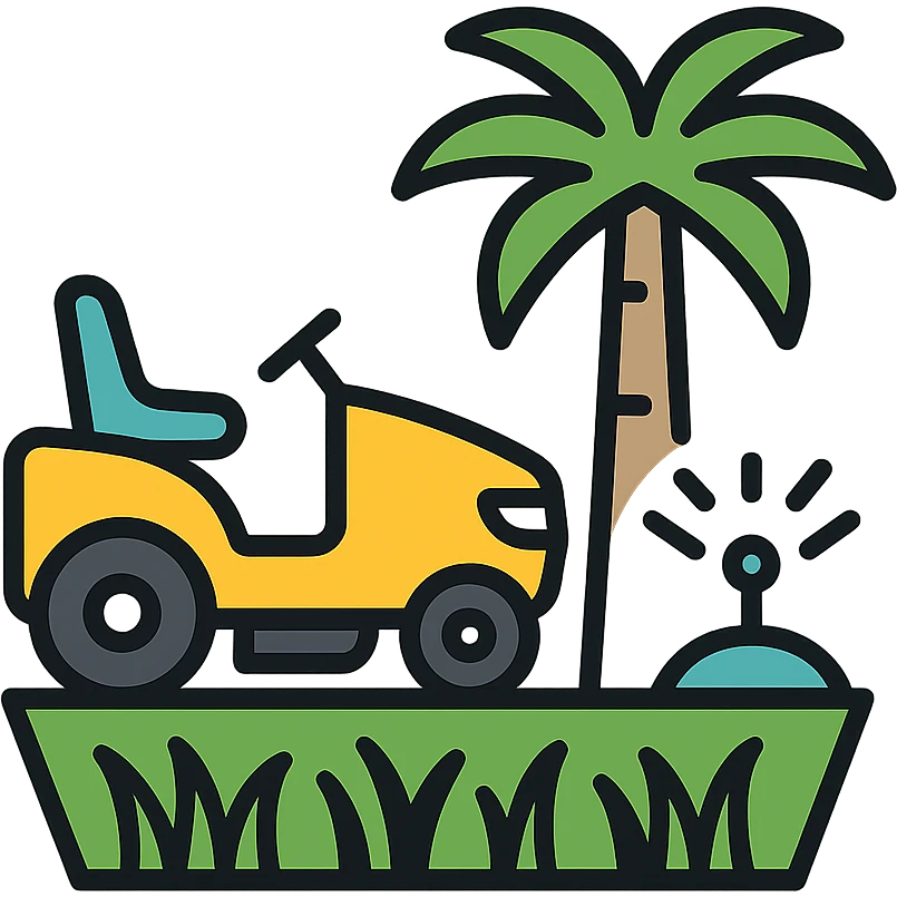 lawn care company logo with lawn mower mowing grass, palm tree in background, water sprinkler, clean professional style emoji