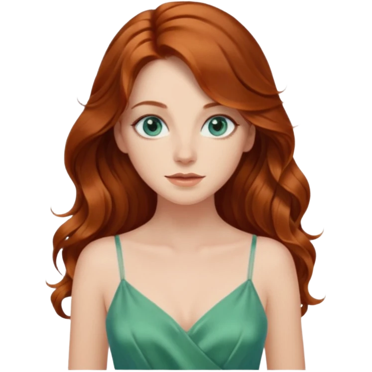 Long wavy Auburn hair woman BLUE eyes wearing green cami  dress emoji