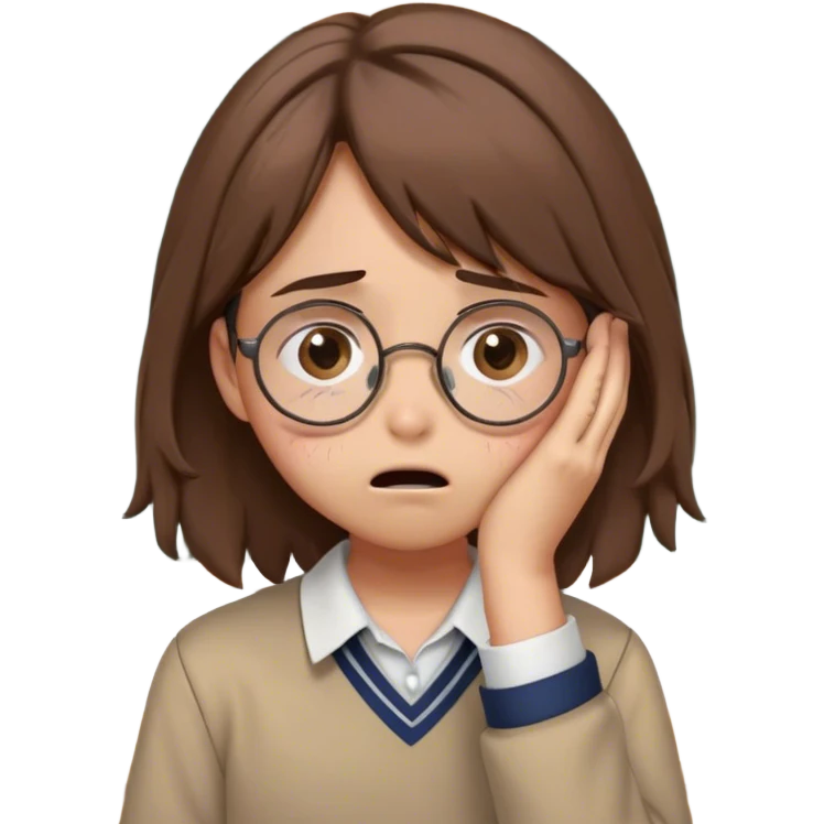 Create an emoji depicting a student who is crying. The student has round glasses, messy brown hair, and is wearing a casual school uniform. Tears are streaming down their face, and they have a sad expression, with their hands covering their face in frustration. The background is a simple classroom setting with a chalkboard behind them, conveying the emotional weight of a stressful school situation. emoji