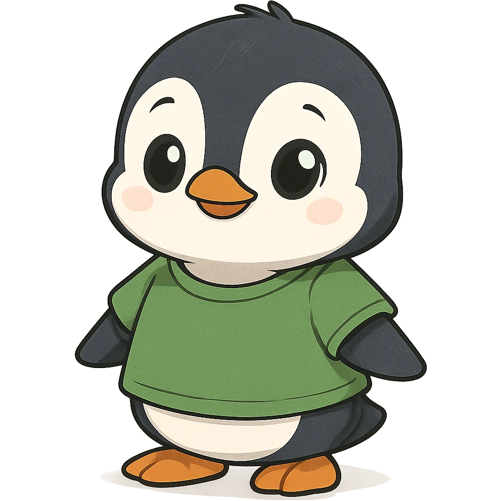 very cute penguin wearing a green t-shirt, cartoon style emoji