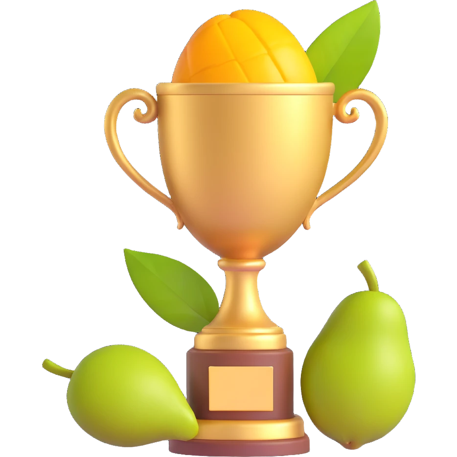 a fun and celebratory golden trophy with a mango as the cup emoji