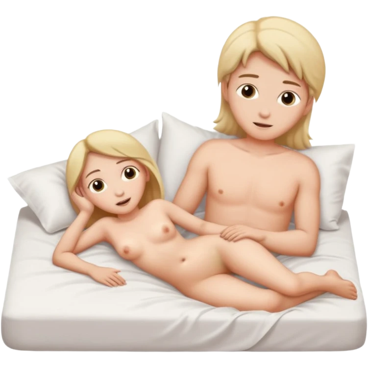 A nude girl and a nude boy, laying in bed, girl on top of the boy emoji
