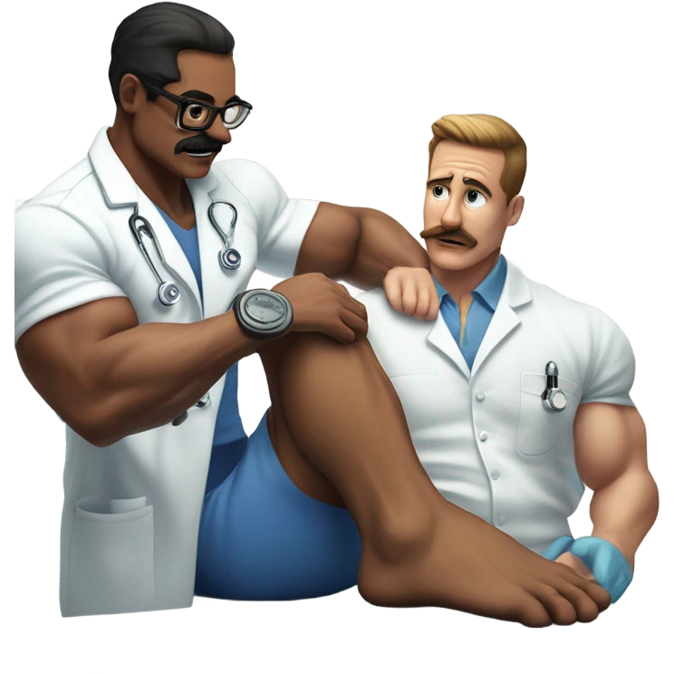 Body builder tattoo mustache doctor inspecting leg emoji