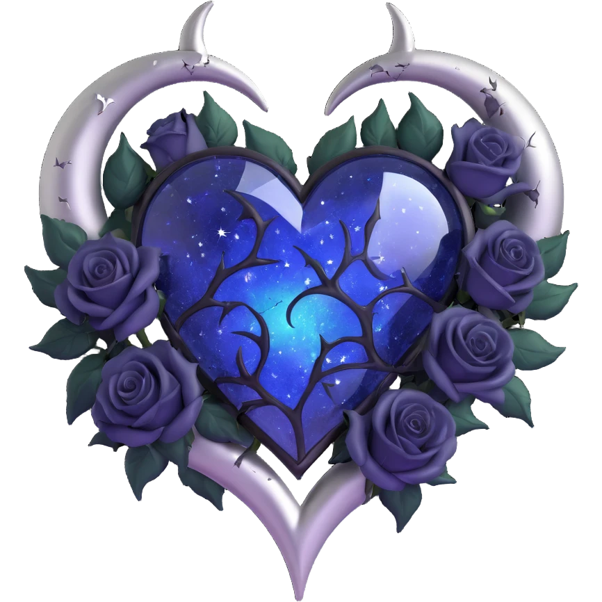 gothic heart, midnight blue glass, silver crescent moon, black roses, stardust, lightning, rain, cracked glass, iridescent style emoji