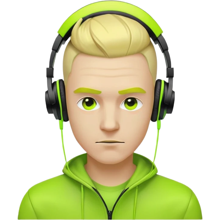 yellow-skinned guy head with slicked back black undercut hair and neon green headphones, cool expression emoji