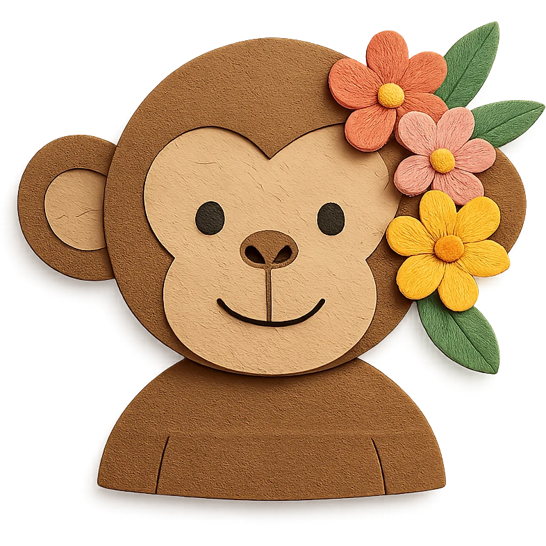paper craft style monkey with flowers, bust up emoji