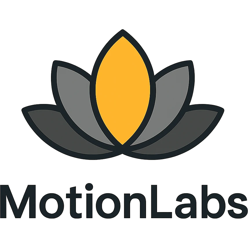 modern luxury logo for MotionLabs with abstract lotus, colors #ffa31a, #808080, #292929 emoji