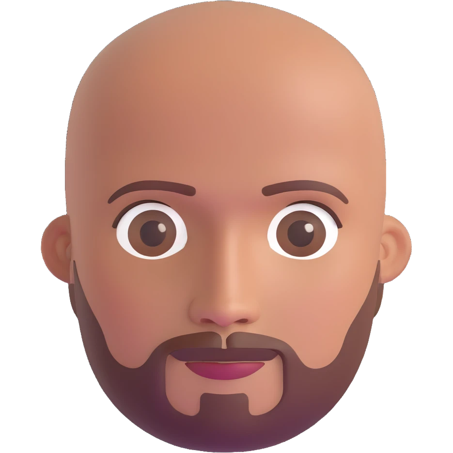 Bald man with smooth oval head, medium-dark reddish skin tone (moreno jambo), indigenous facial features, with sparse thin goatee beard only on chin, memoji style emoji