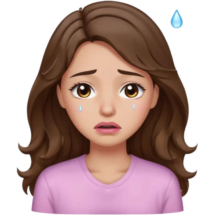 girl with wavy long brown hair, brown eyes, light to medium complexion, long lashes, light pink lipstick, wearing light pink shirt, crying big tears emoji