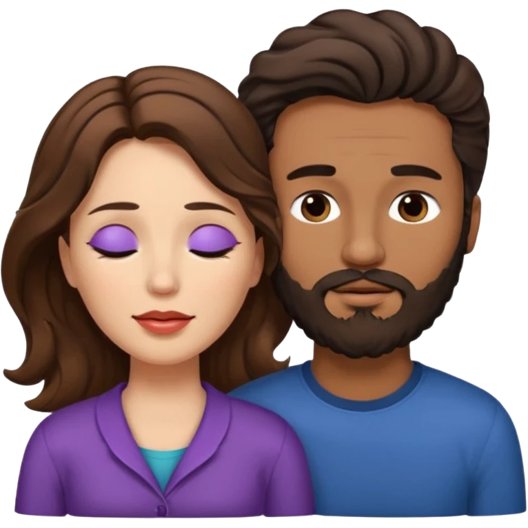 White woman (brown hair with eyes closed) and brown man with black wavy hair (has a a beard with his eyes closed too),The woman has her lips on the forehead of the man. emoji