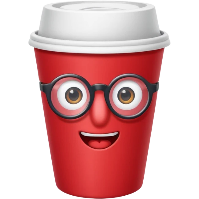 paper red cup and straw, the cup has eyes and mouth and glassess emoji