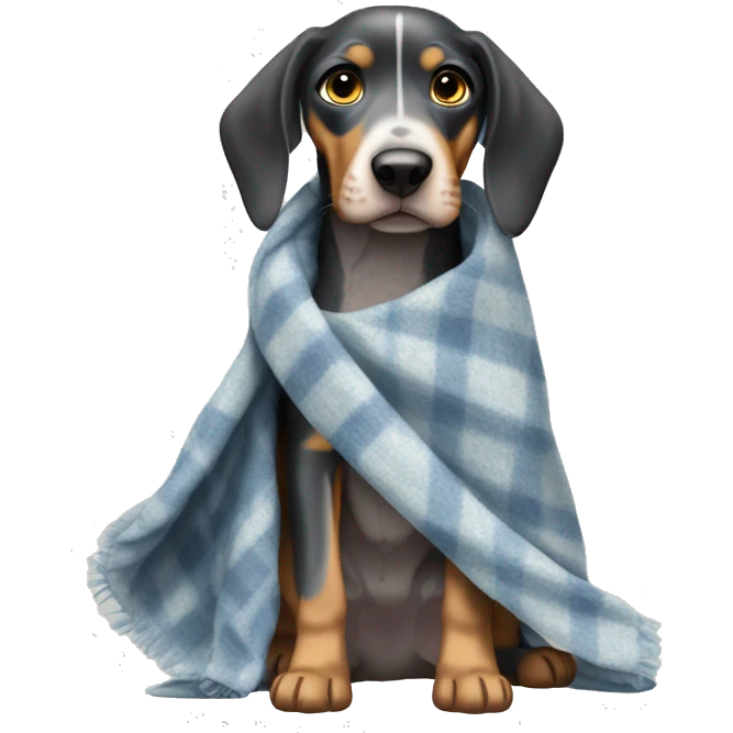 Miniature bluetick hound with a blanket emoji