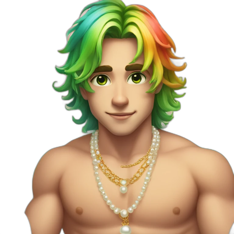 Posh-muscle-boy-green-eyes-rainbow-hair-pearl-necklace-in-golden-bathtub emoji