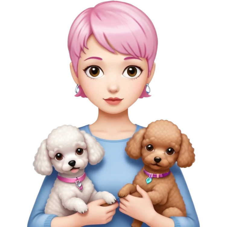 short pixie bangs platinated woman pink hair no bang，fair-skinned ,holding two poodles emoji
