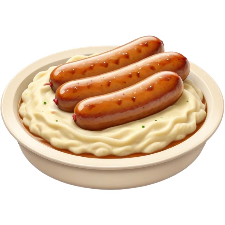 Cinematic Realistic Bangers and Mash Dish Emoji, featuring succulent pork sausages paired with creamy mashed potatoes rendered with detailed textures and natural highlights that emphasize its robust, hearty flavor. emoji
