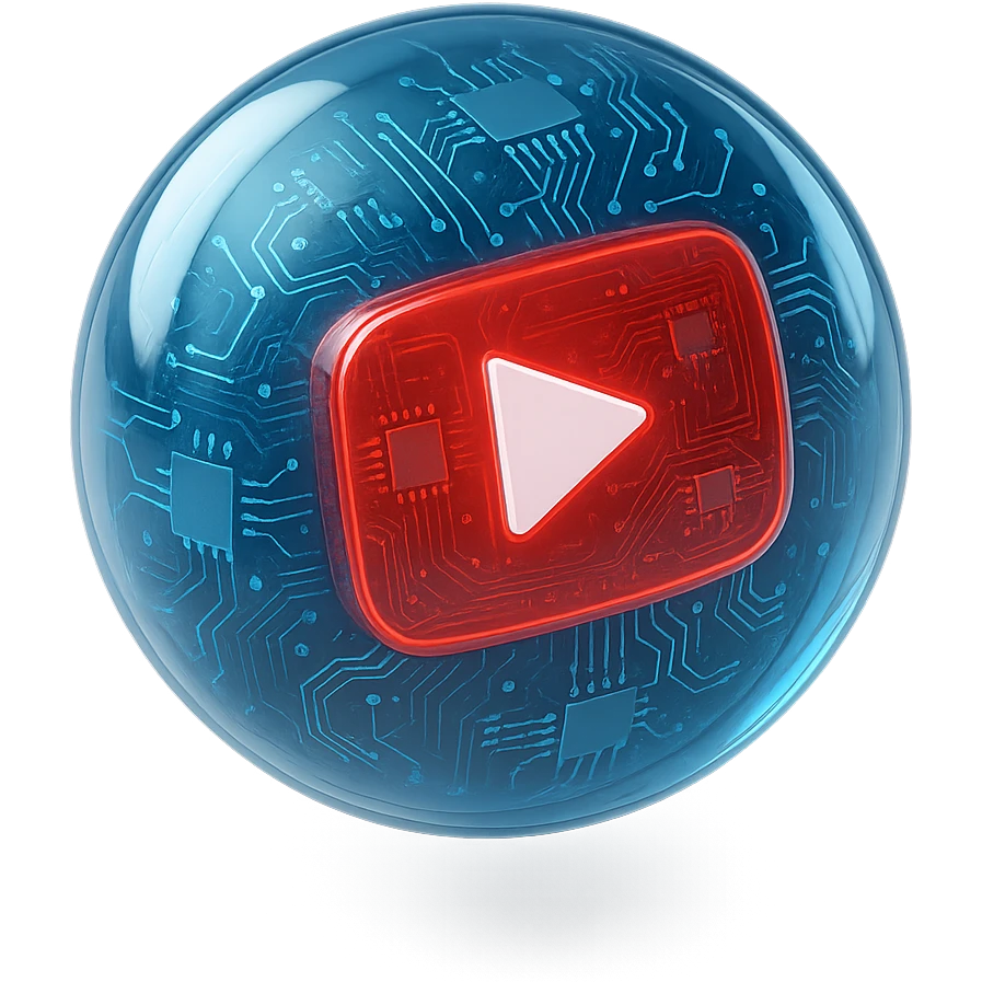 globe with YouTube play button, glossy circuit style emoji