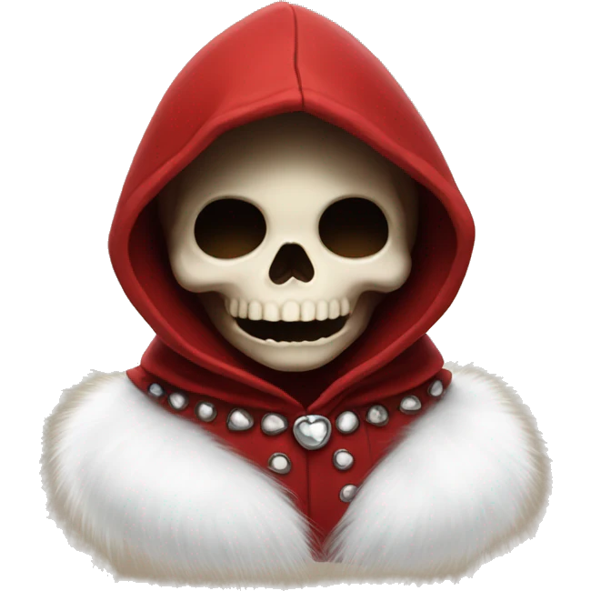 Cute young skull wearing a red velvet hood with white fur trim. emoji